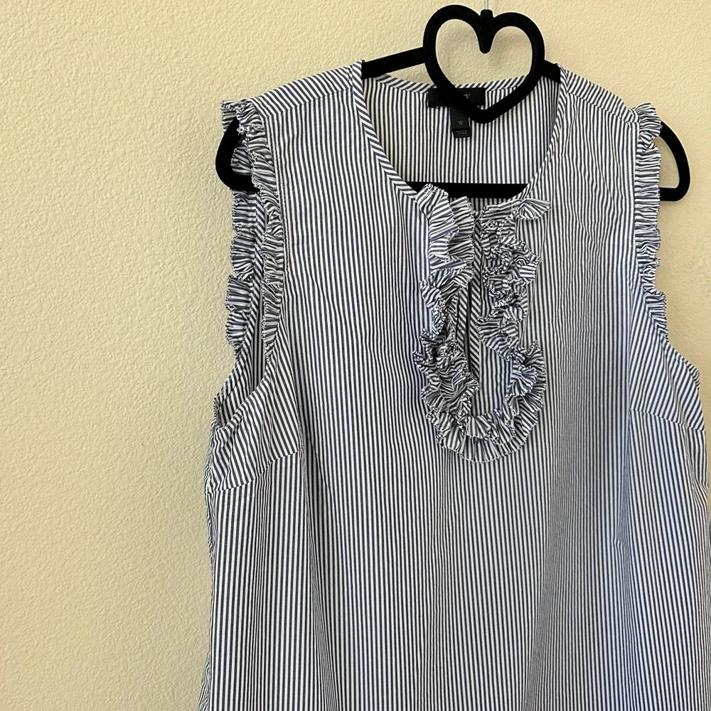 J. Crew Navy White Striped Ruffle Sleeveless Cotton Blouse Size 10